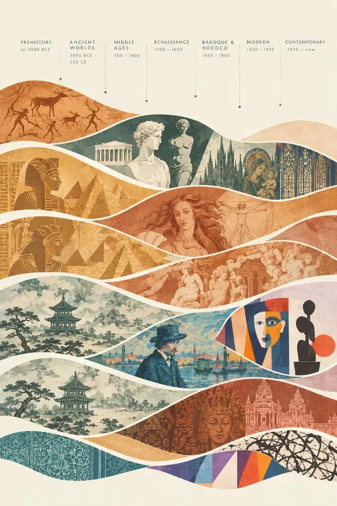 Illustrated world art timeline from prehistory to the contemporary