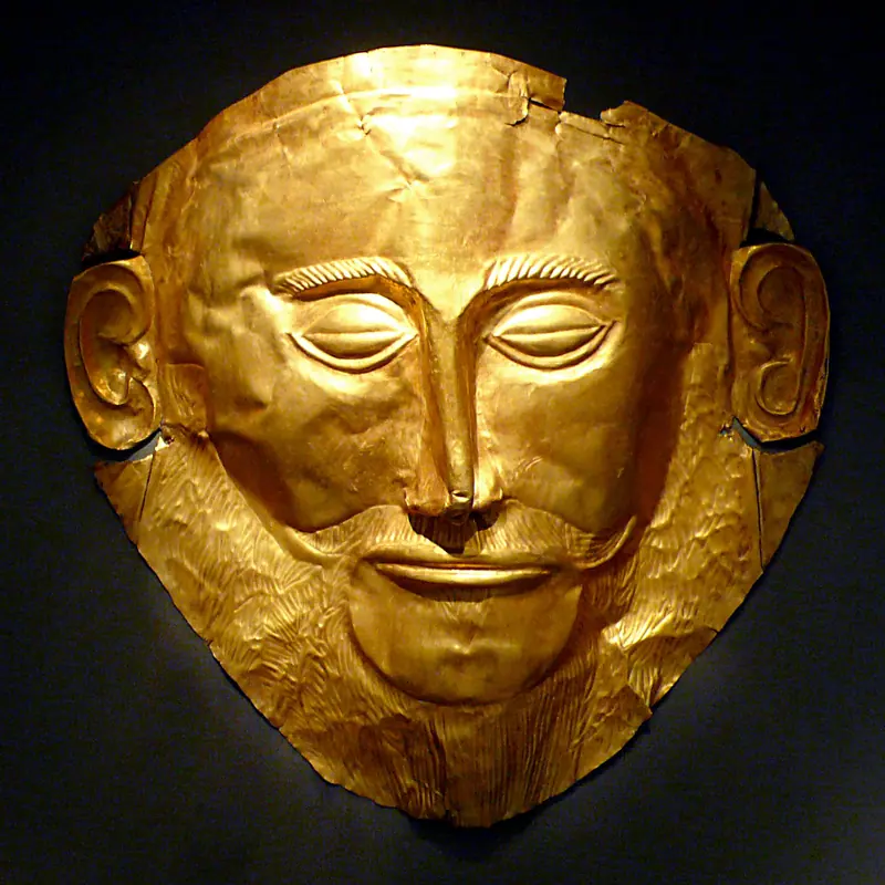 Gold funerary masks ("Mask of Agamemnon" type) by Unknown (Mycenae shaft-grave goldsmiths)
